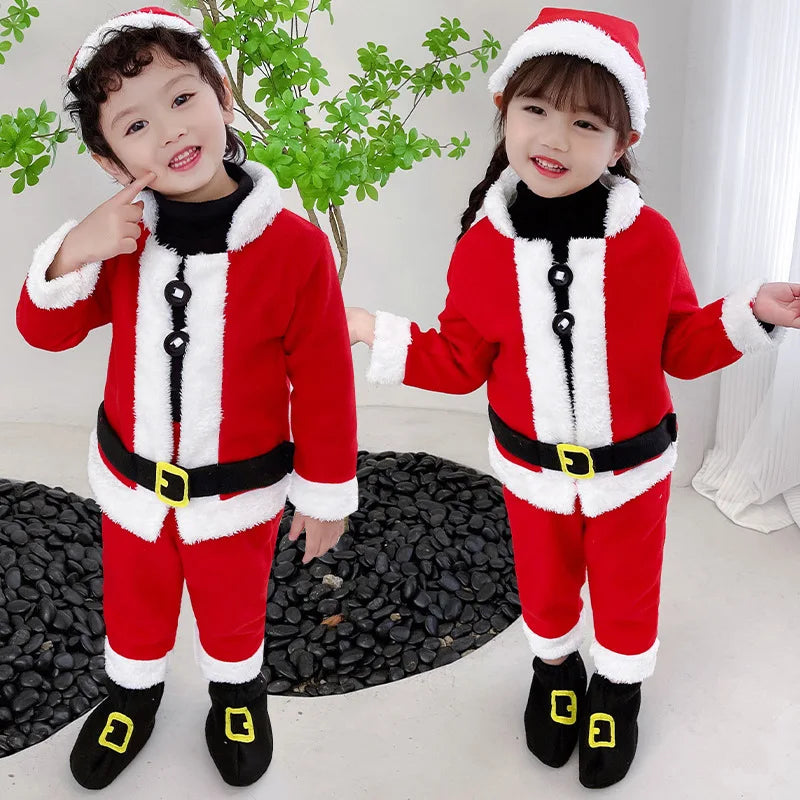 Winter Kids Warm Christmas Party Costume Coat+Pants+Hat+Shoes Covers Boys and Girls Santa Claus Role Play Outfit Xmas Clothing