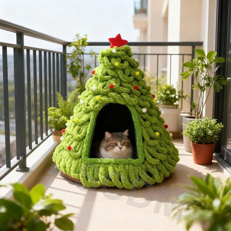 Winter Christmas Tree Cat Nest Handmade /Finished Cat Bed /Winter Warmth Semi Enclosed Dog Nest Felt Cone Pet House 크리스마스 고양이 굴