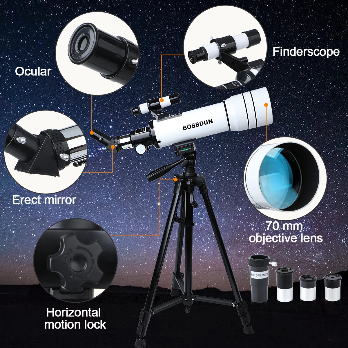 BOSSDUN 40070 Telescope w/Phone Adapter & Sturdy Tripod - 70mm Aperture for Stargazing, Birding, Beginners, Portable Scope