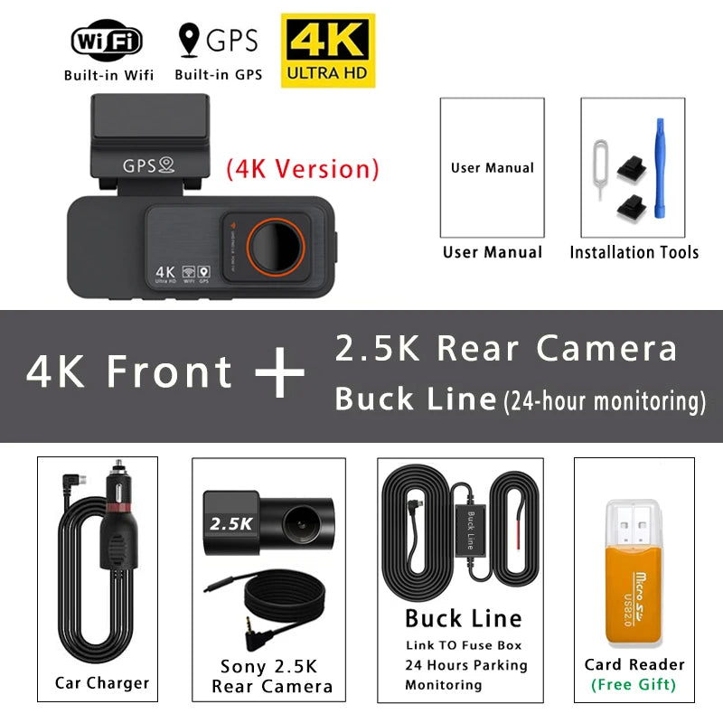 Dash Cam Dual Lens 4K UHD Recording Car Camera DVR Night Vision Video Recorder GPS Wi-Fi Room Black Box 2.5K Rear View Camera