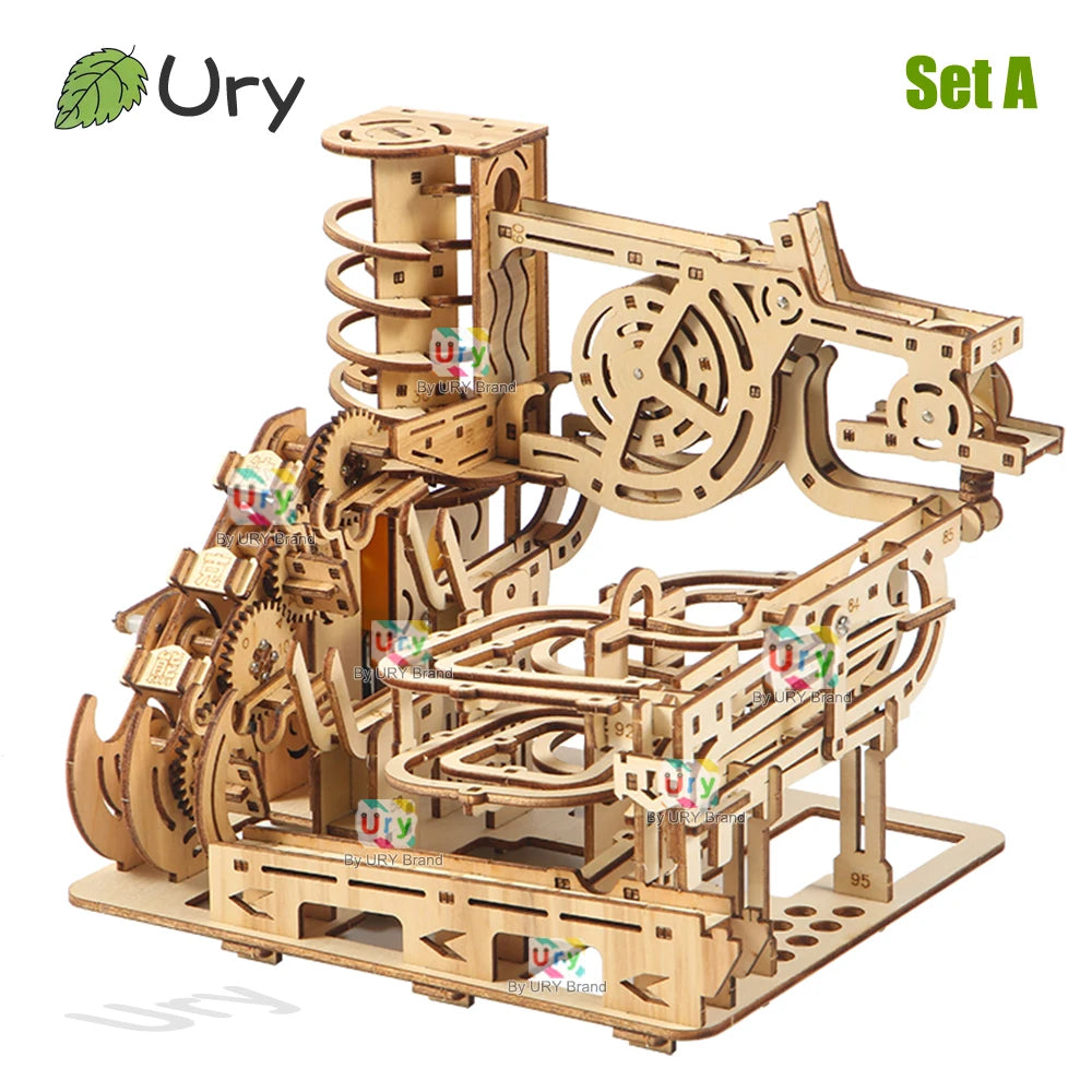 Ury 3D Wooden Puzzles Electric Catapult Track Device Marble Run Set Mechanical Model Science Maze 7 Balls Assembly Gift for Kids