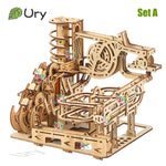 Ury 3D Wooden Puzzles Electric Catapult Track Device Marble Run Set Mechanical Model Science Maze 7 Balls Assembly Gift for Kids