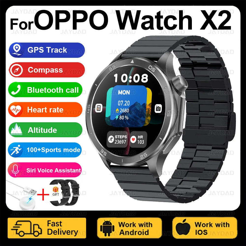 2025 New For OPPO Watch X2 Smart Watch Men AMOLED Outdoor Fashion GPS Compass Heart rate Waterproof Bluetooth Call Smartwatches