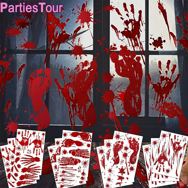 Halloween Wall Doors Windows Stickers Blood Handprint Footprint Skull Pattern Halloween Party Scene Decor Supplies Horror Props