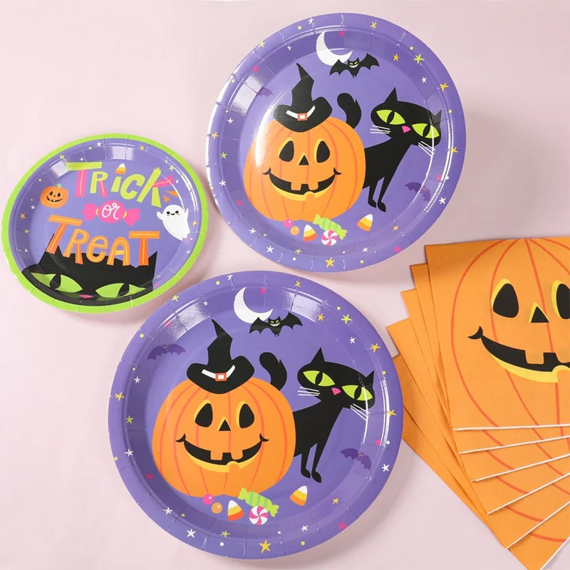 Halloween Pumpkin Black Cat Disposable Tableware Set Halloween Party Decor Kids Favors Trick or Treat  Paper Plates Cup Napkins