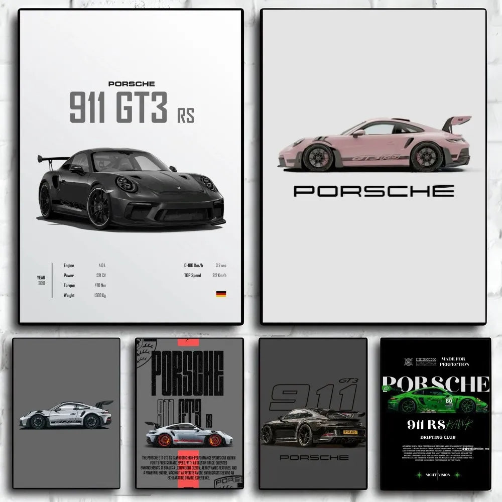 Porsche Cars Poster Self-adhesive Art Waterproof Paper Sticker Coffee House Bar Room Wall Decor