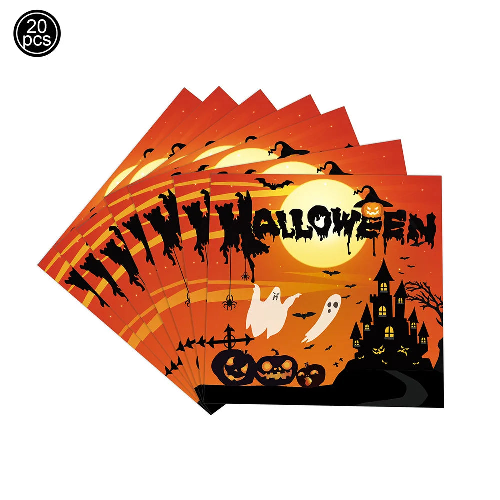 Halloween Pumpkin Tableware Black Orange Halloween Paper Plates Cups Napkins Banner Tablecloth Halloween Night Party Supplies
