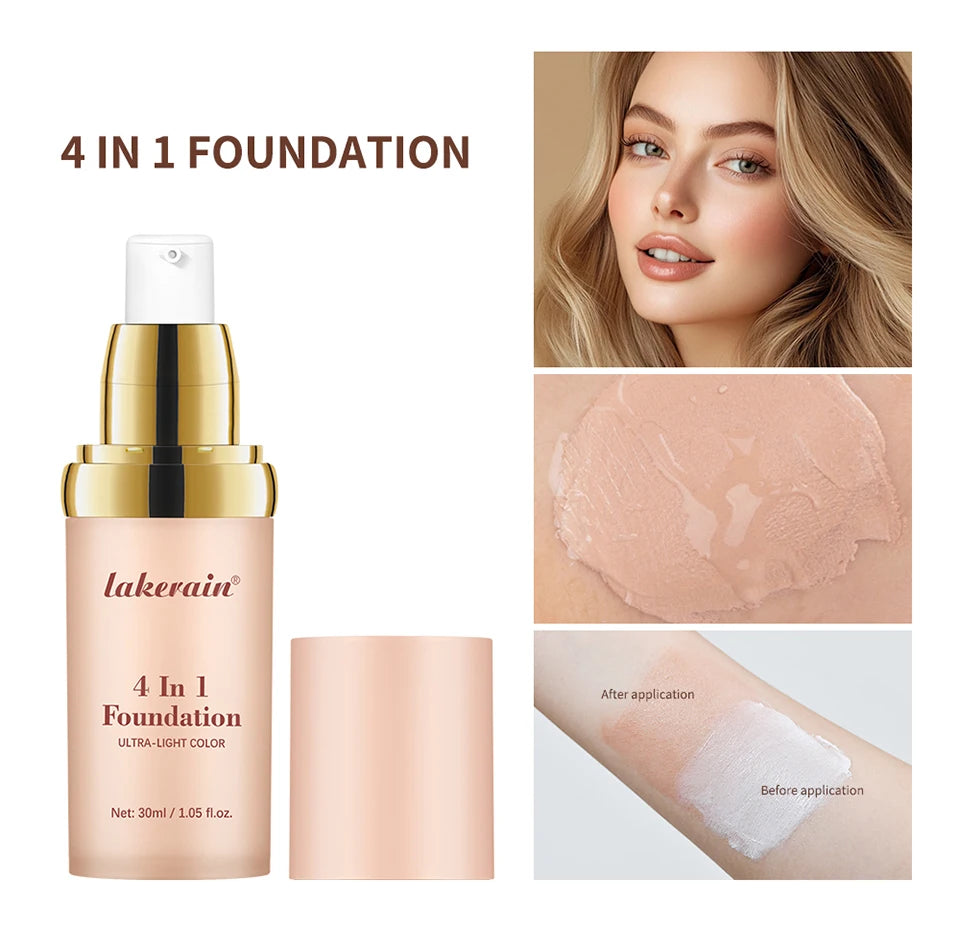 Color Changing Foundation 4 in 1 Moisturizing SPF 30+ Hydrating Color Longwearing Waterproof Travel Coverage Makeup Base