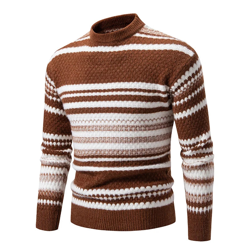 New Autumn Winter Men's Mock Neck Knit Pullovers Fashion Striped Slim Fit Knitted Sweater Men Casual Warm Pullover Knitwear Man