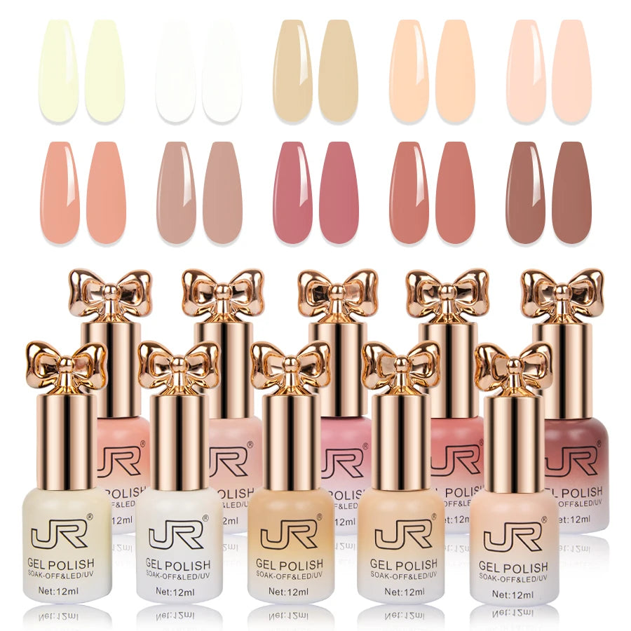 JR10pcs 12ml gel nail polish set Including Red Pink Nude Gel Polish Kit UV LED Soak Off Polish Home DIY top coat base coat gifts