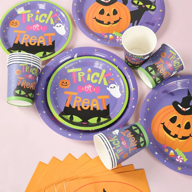 Halloween Pumpkin Black Cat Disposable Tableware Set Halloween Party Decor Kids Favors Trick or Treat  Paper Plates Cup Napkins