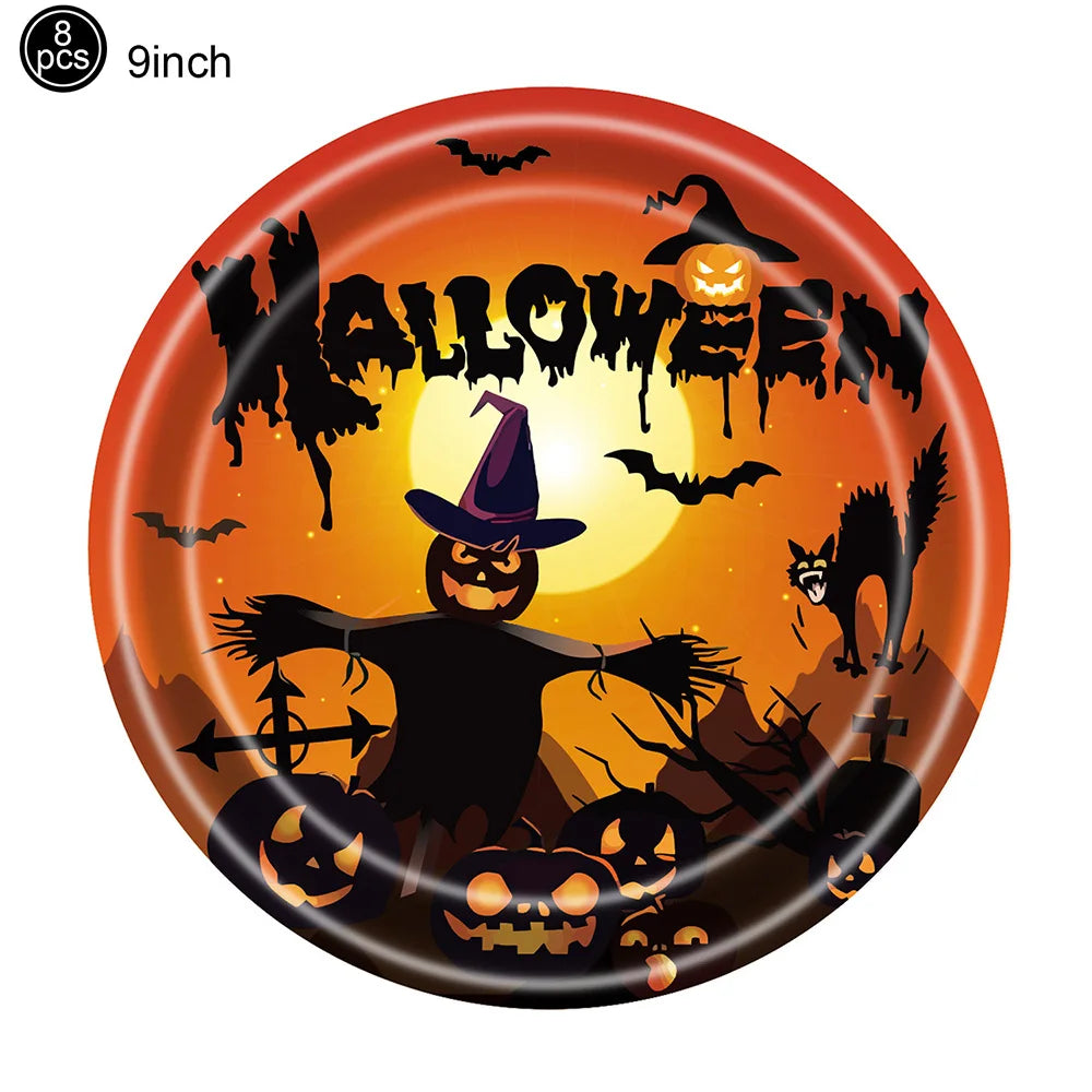 Halloween Pumpkin Tableware Black Orange Halloween Paper Plates Cups Napkins Banner Tablecloth Halloween Night Party Supplies
