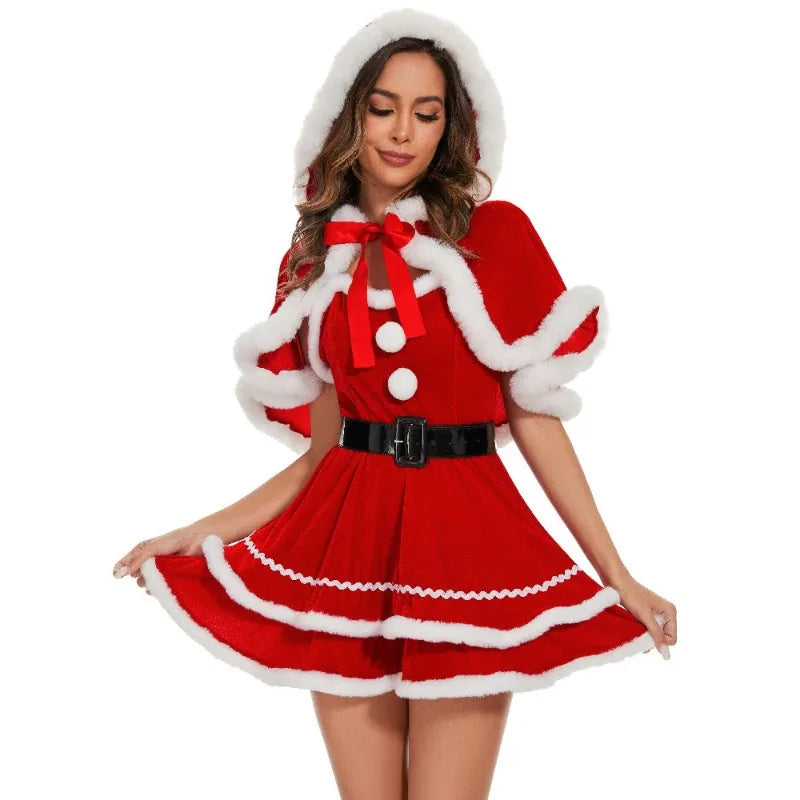 Christmas Women Dress Costume Party Cosplay Outfit Festive Cloak with Attached Hat Holiday Role Play Uniform for  Hooded Cape