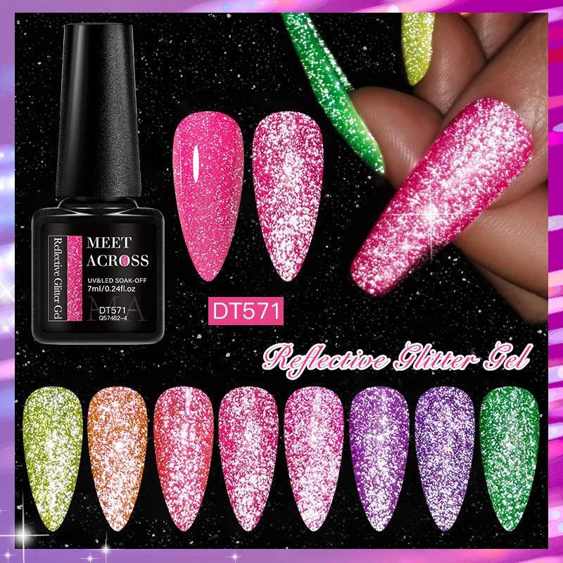 MEET ACROSS 7ml Pink Fluorescent Reflective Gel Nail Polish Glitter Neon Semi Permanent UV LED Gel Nail Art Varnish Manicure