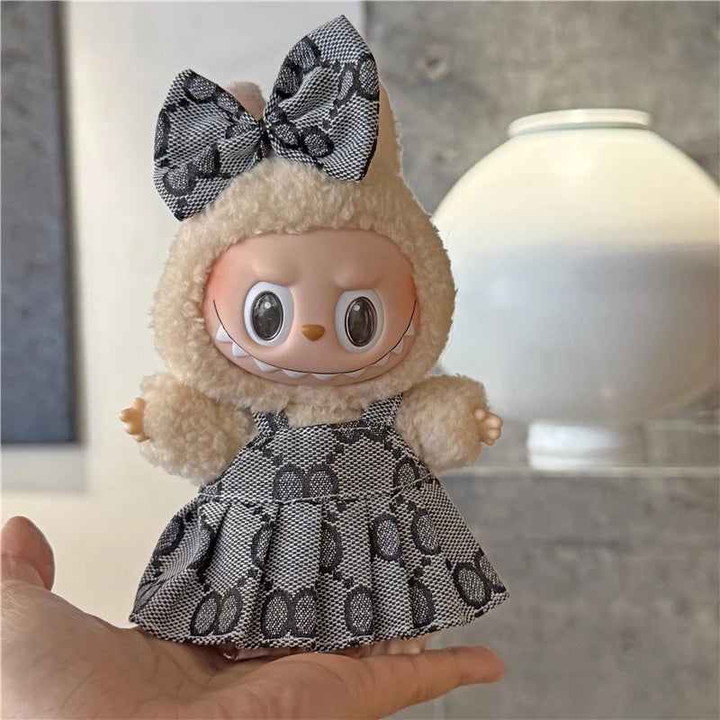 17cm For Labubu Doll Clothing Skirt Bowhair Accessory Set Retro Bib Pants Clothes Luxury Messenger Bag Shoes Set Sitting Party