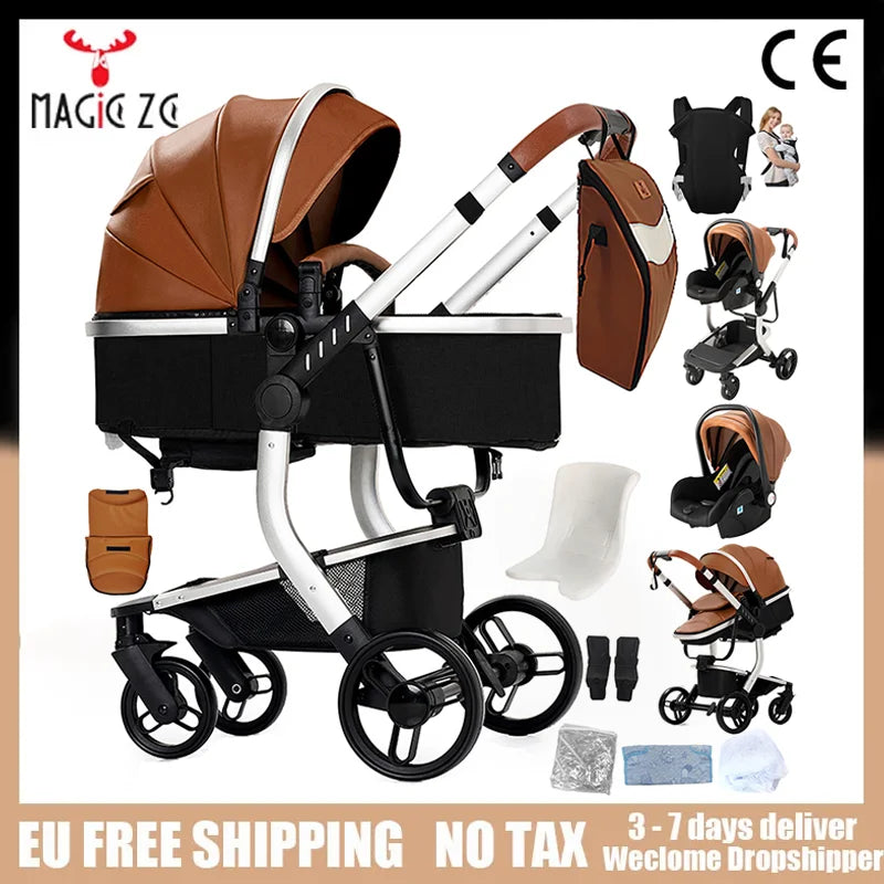 Lightweight Baby Stroller 3 in 1 Stroller PU Leather Stroller for Newborn Baby Car Seat Portable Baby Cart Pram High Landscape