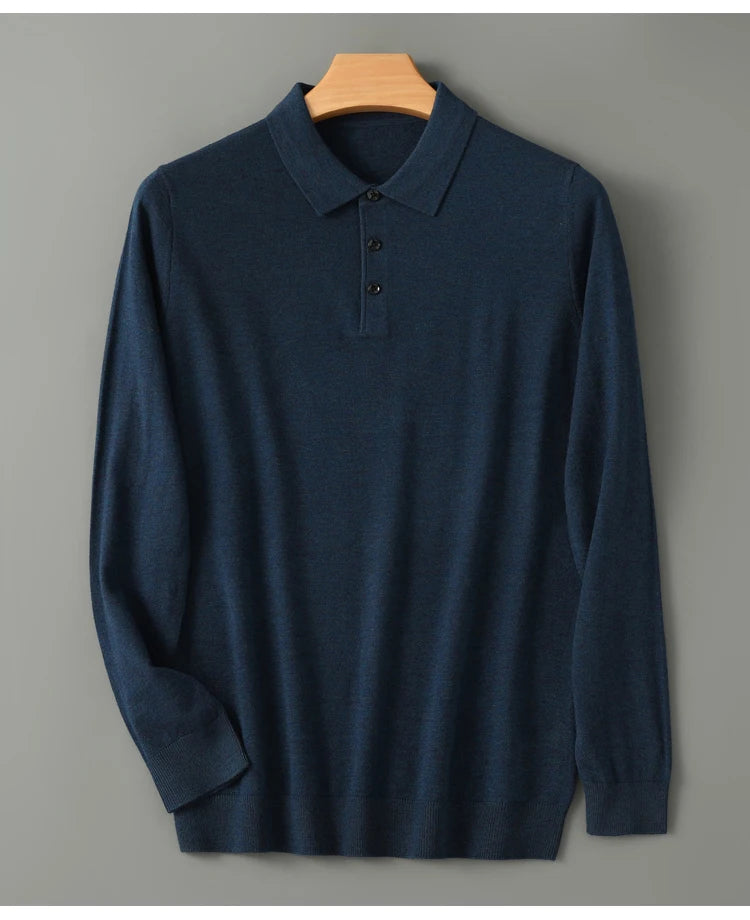 Spring Autumn Collar Long Sleeve Men's Wool Sweater Solid Color Collar Polo Sweater High end Thin Hooded Business Casual Sweater