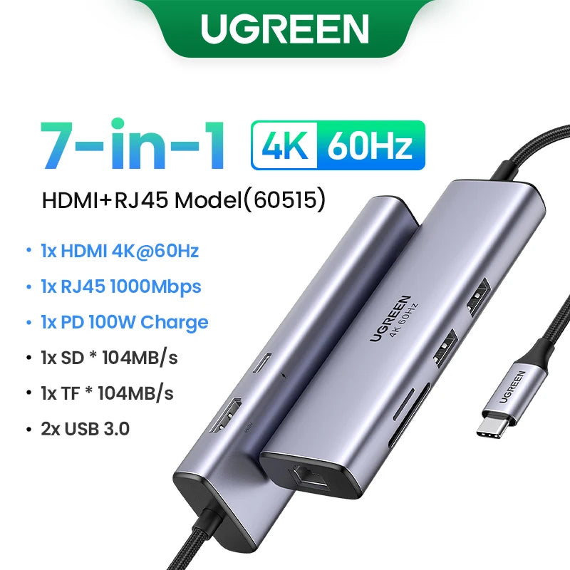 UGREEN USB-C HUB to 4K60Hz HDMI RJ45 Gigabit PD100W SD&TF USB3.0 5Gbps Splitter for MacBook Laptop Accessories Docking Station