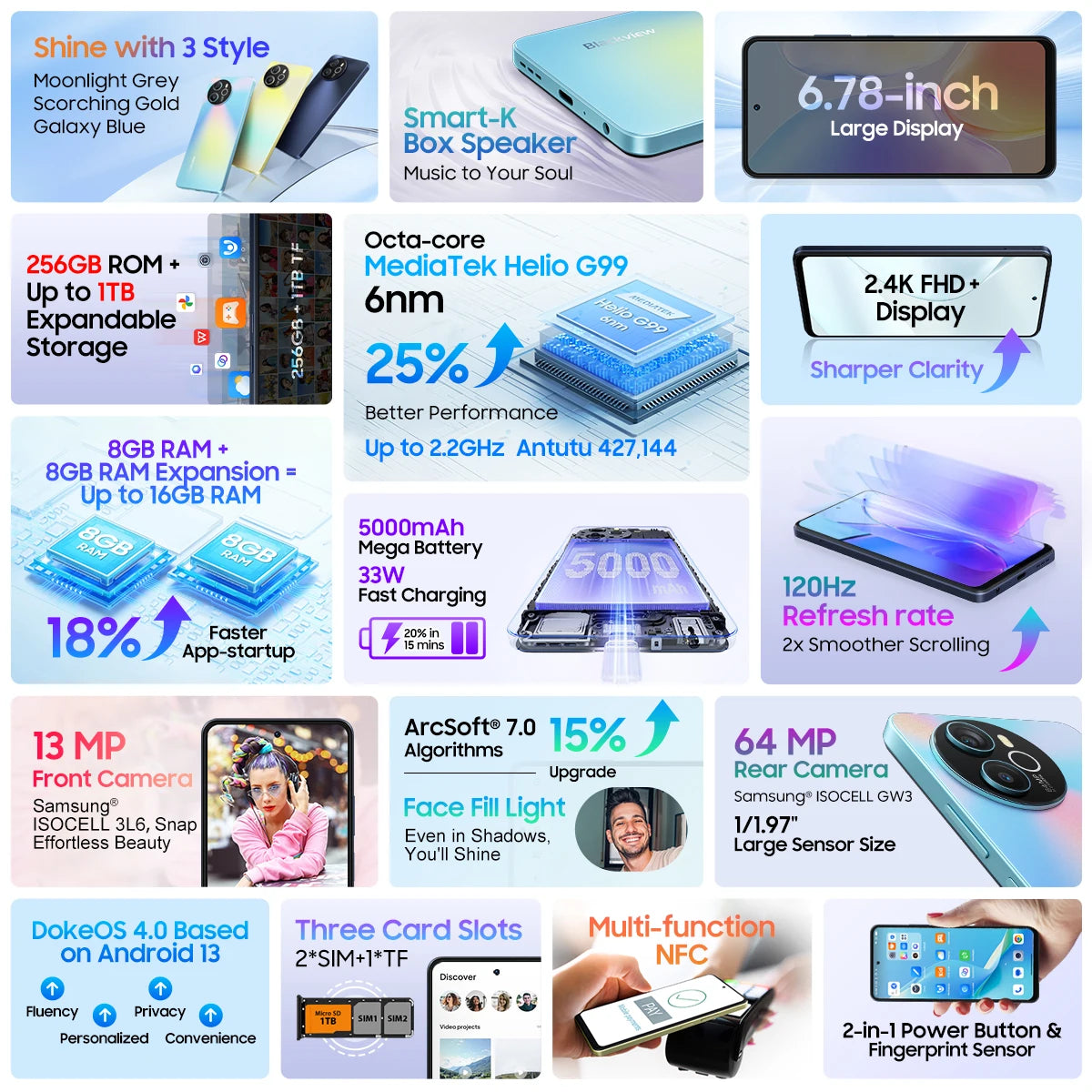 Blackview SHARK 8 Smartphone Android13 G99 Mobile Phone 6.78'' 120Hz 2.4K Display 16 (8+8) GB RAM 256GB ROM 64MP Cameras Phones