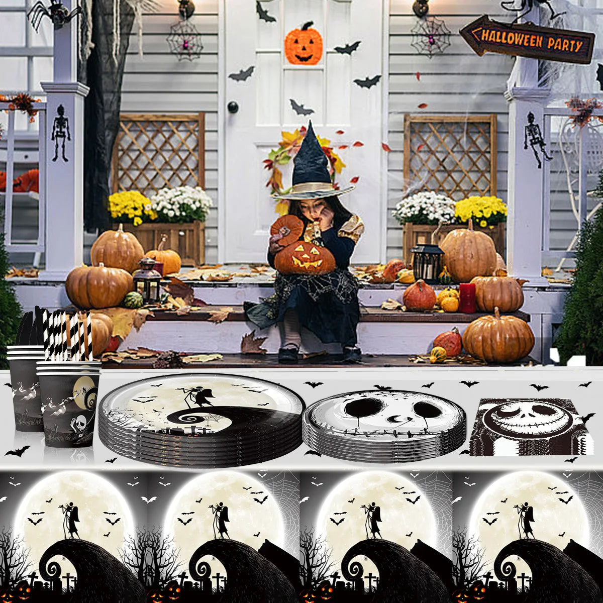 Halloween Tableware Set Horror Themed Disposable Party Tableware Festival Decoration Props Banner Paper Plates Tablecloth Set