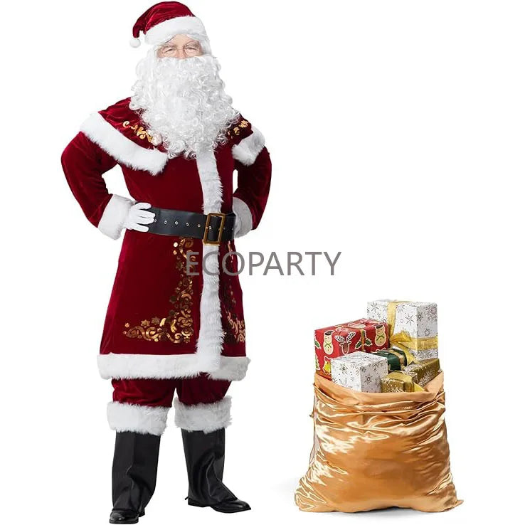 Ecoparty Santa Claus Costume Christmas 12pcs Deluxe Velvet Santa Suit for Adults Teenager Plus Size 6XL