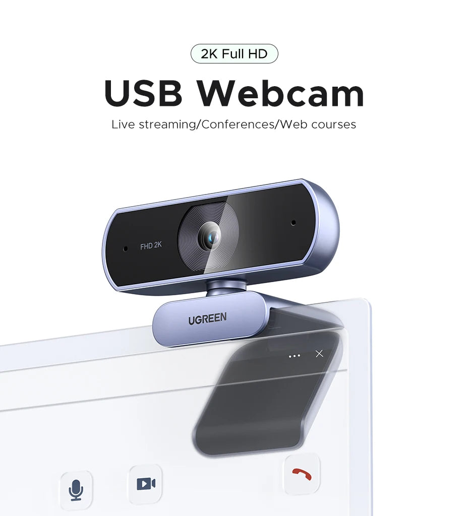 【RU】 UGREEN 2K Web cam with Microphone, Full HD 2K, Auto Light Correction, Video Webcam for Streaming