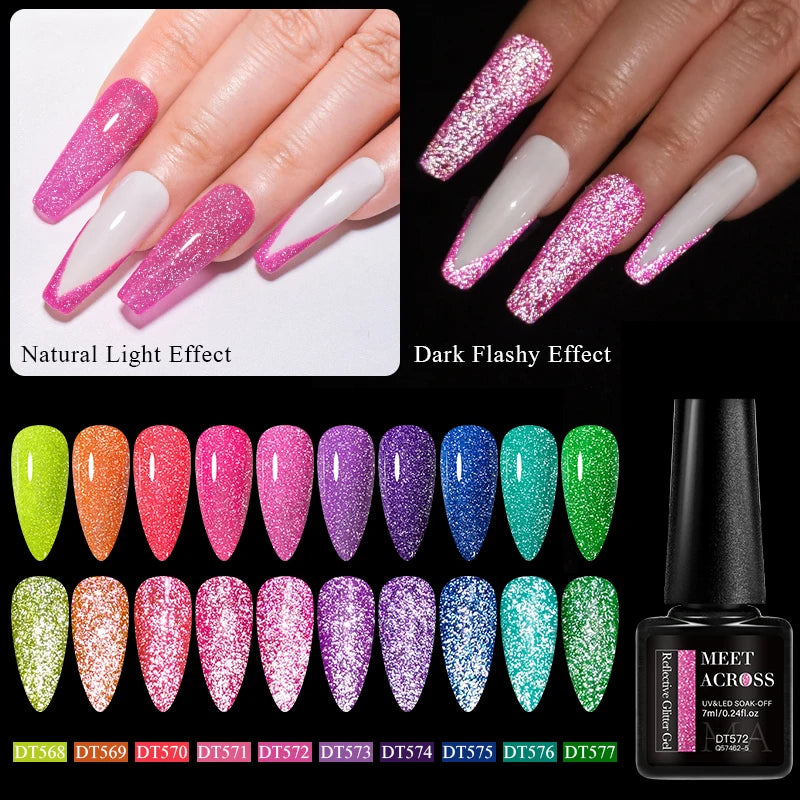 MEET ACROSS 7ml Pink Fluorescent Reflective Gel Nail Polish Glitter Neon Semi Permanent UV LED Gel Nail Art Varnish Manicure