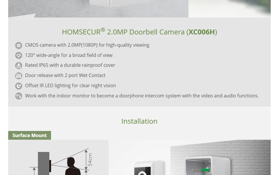 4 Wire Waterproof IP65 HD Doorbell Camera 120° Wide Angle for HOMSECUR Tuya WiFi Smart 1080P Video Intercom Door Phone System