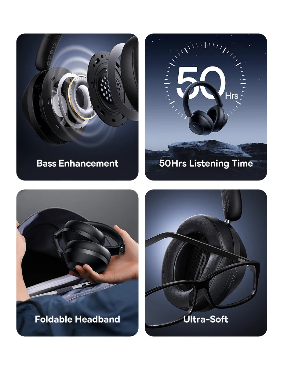 Baseus Bass 30 Max Wireless Headphone Bluetooth 5.3 40mm Bass-Enhance Foldable Over Ear Headsets 50H Play time Gaming Earphone