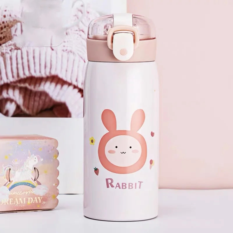 350ml/500ml Cartoon Stainless Steel Thermal Flask With Straw Portable Kids Cute Thermal Water Bottle