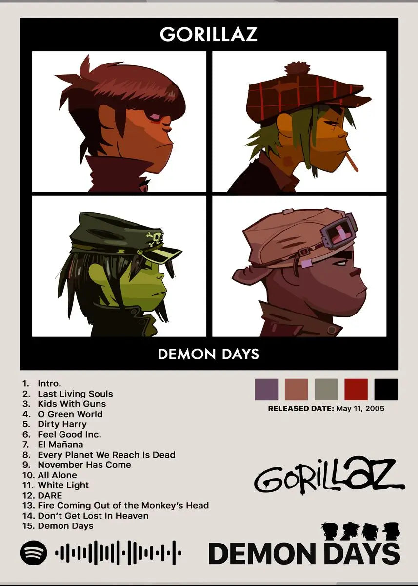 Virtual Anime Rock Band Gorillaz Poster Modern Music Album Cover Canvas Painting Wall Art for Club Living Room Home Decor Mural