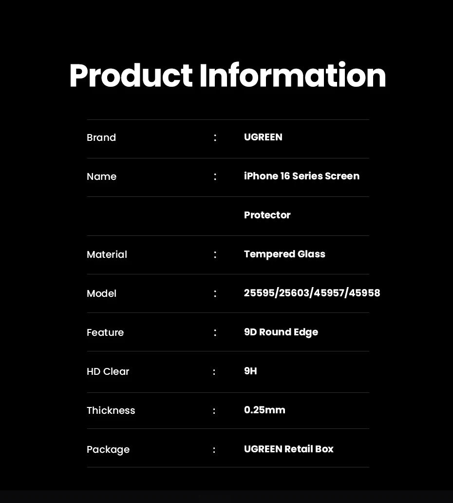 UGREEN 2pcs for iPhone 16 Pro Max Glass Screen Protectors for iPhone 16 Plus Tempered Glass for iPhone 15 14 13 12 HD Film 16pro