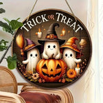 Halloween Round Wooden Signage - Cute Ghost, Pumpkin, Witch Hat Design, Suitable for Home, Door, Garden, Halloween Decoration