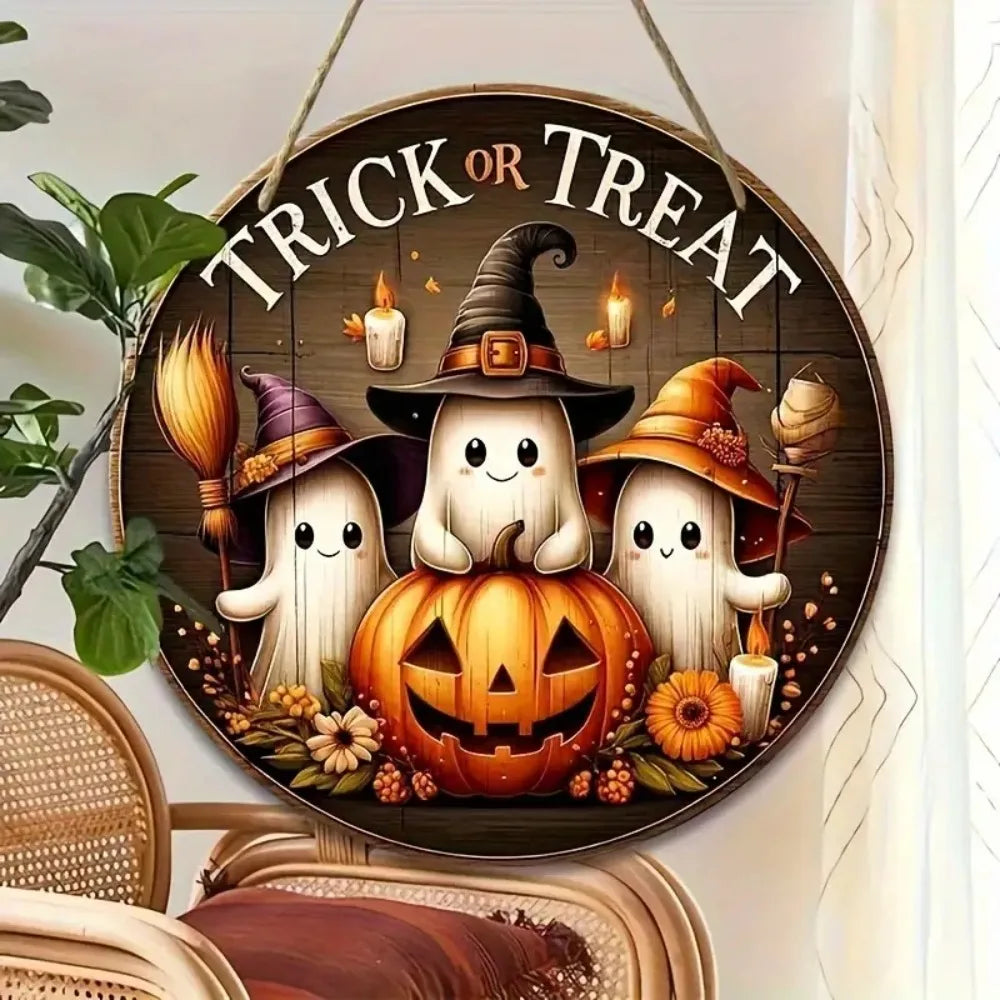 Halloween Round Wooden Signage - Cute Ghost, Pumpkin, Witch Hat Design, Suitable for Home, Door, Garden, Halloween Decoration