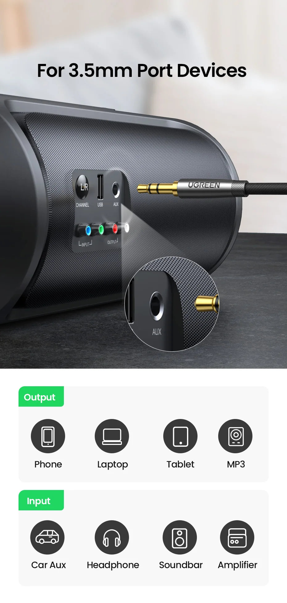 Ugreen Aux Cable Jack 3.5mm Audio Cable for iPhone 3.5 mm Male Cable Aux for Computer Headphone Xiaomi Laptop Car 3.5 Jack Cable