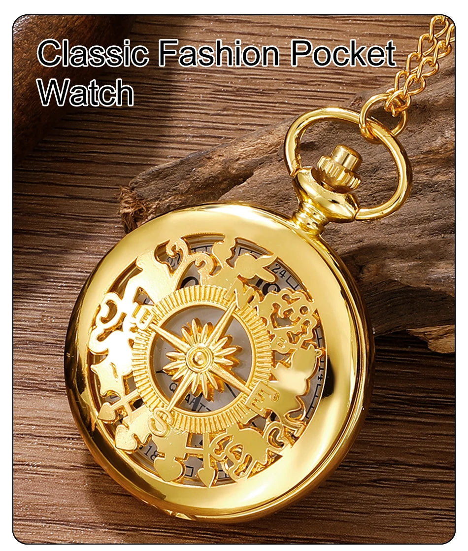 Antique Steampunk Vintage Arabic Numerals Quartz Pocket Watch Gold Case Necklace Pendant Clock Chain Mens Women