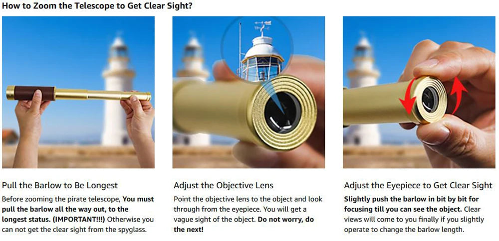 Pirate Monocular Telescope 25x30 High Powered Zoomable Collapsible Monocular Brass Spyglass Handheld for Hunting Hiking Travel