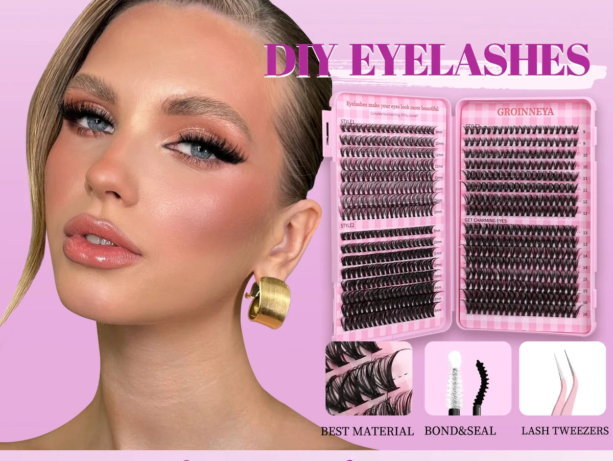 GROINNEYA DIY Lash Clusters Set Mixed Tray Lashes Kit Fluffy Individual Lashes Extension with Lash Bond and Seal At Home Makeup