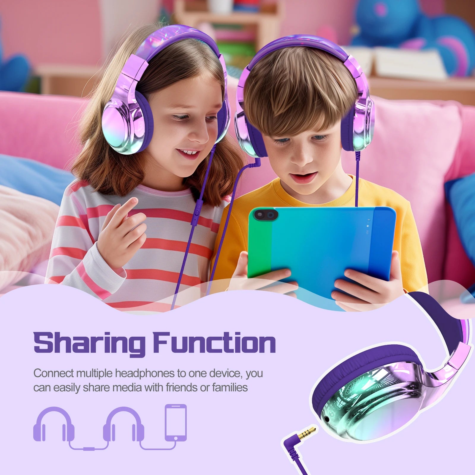 Wired Kids Headphones for School 85/94dB Volume limited Over Ear Headphones for Kids Girls Foldable Gaming Headset with Mic