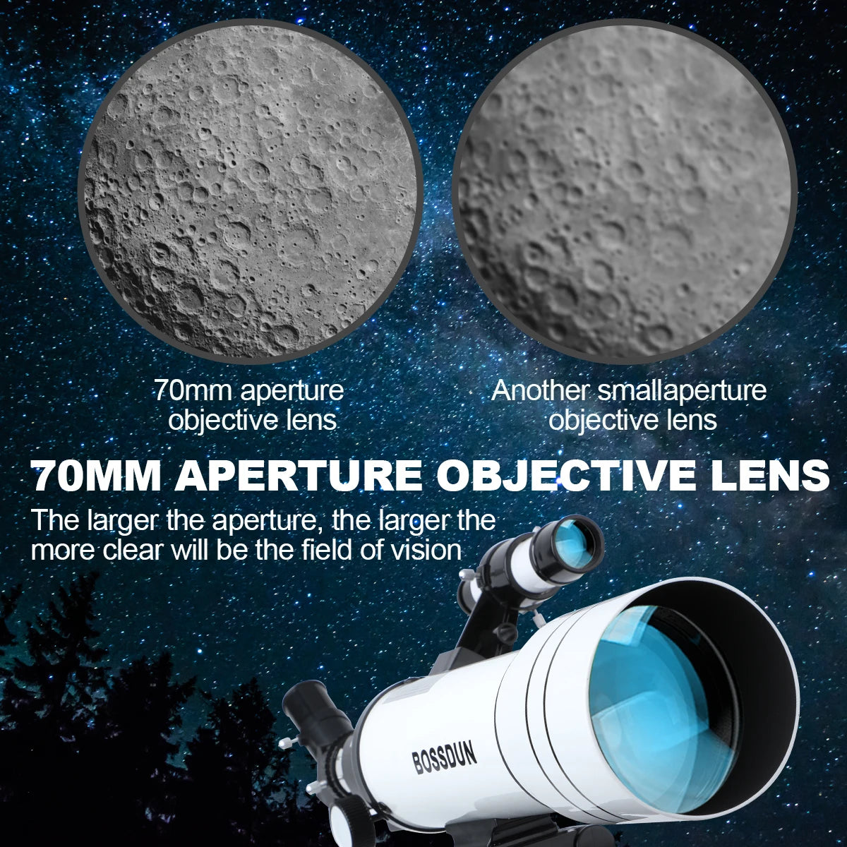 BOSSDUN 40070 Telescope w/Phone Adapter & Sturdy Tripod - 70mm Aperture for Stargazing, Birding, Beginners, Portable Scope