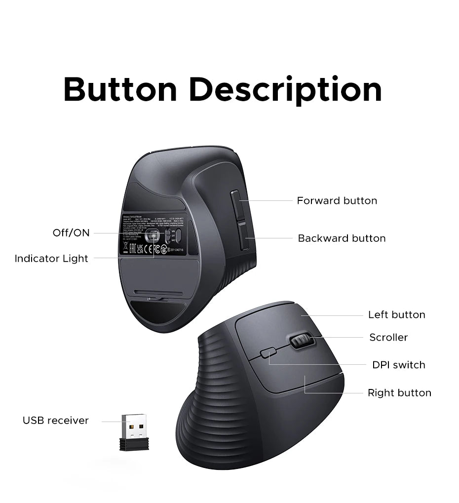 UGREEN Vertical Wireless Mouse 2.4G Ergonomic 4000DPI 6 Mute Buttons for MacBook Tablet Laptops Computer PC Mice Black Pink