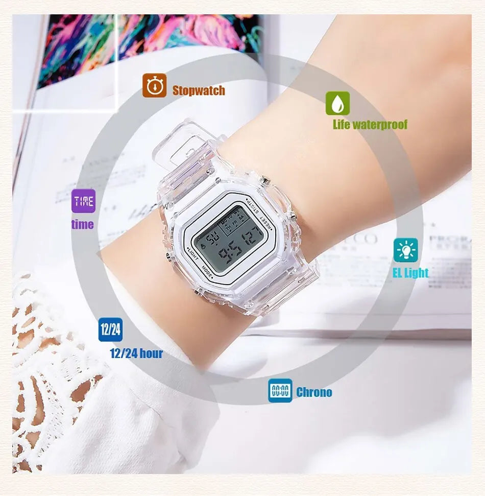 Sports Electronic Watch Men and Women Square Junior High School High School Students White LED Digital Watches