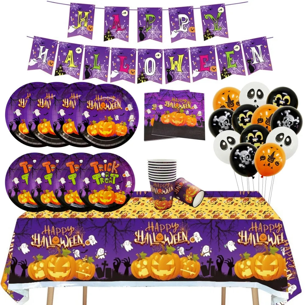 Halloween Disposable Tableware Horror Pumpkin Ghost Purple Plates Napkins Cups Tablecloth Halloween Party Home Decor Supplies