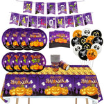 Halloween Disposable Tableware Horror Pumpkin Ghost Purple Plates Napkins Cups Tablecloth Halloween Party Home Decor Supplies