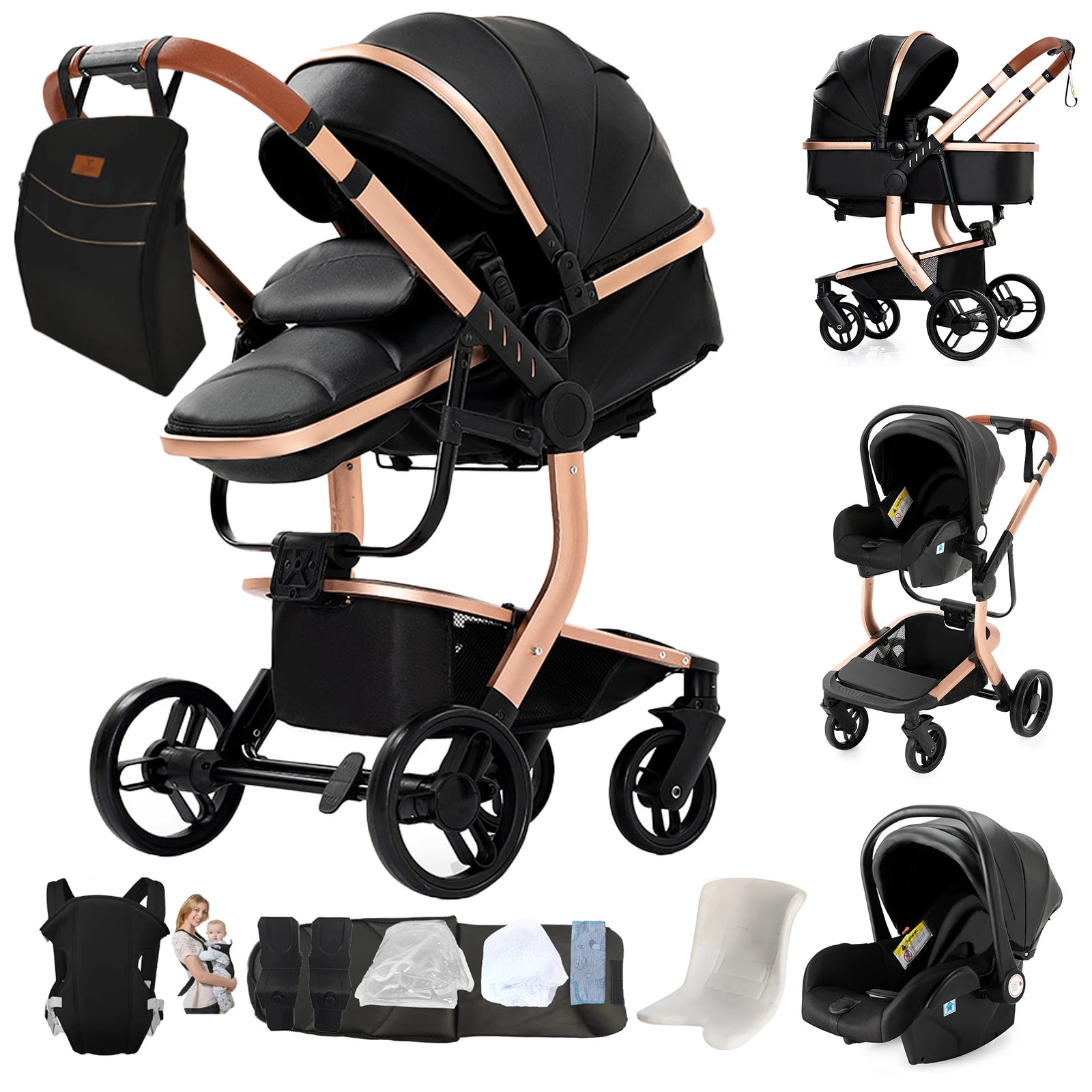 Ultimate 3-in-1 Lightweight Baby Stroller Travel System Convertible Pram & Carriage with PU Wheels for All-Terrain, Compact Fold
