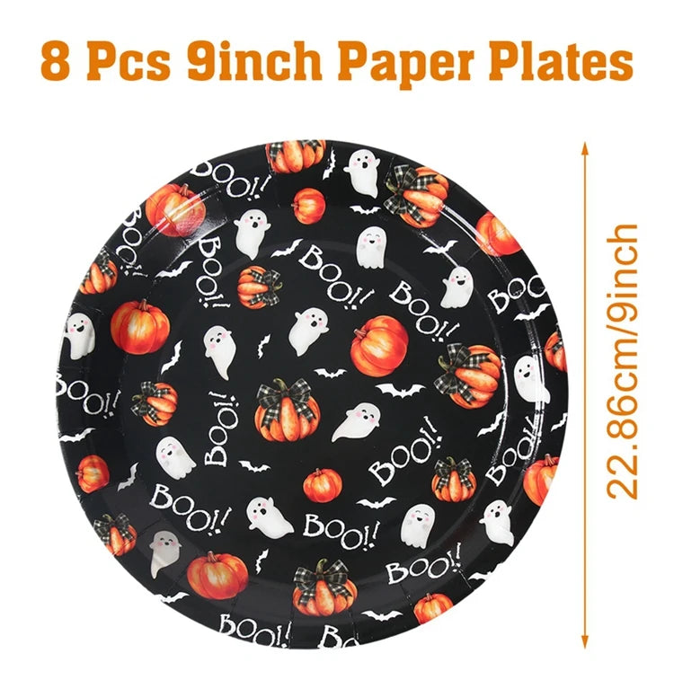 Halloween Disposable Tableware Pumpkin Ghost Boo Paper Plates Cups Napkins Kids Favor Happy Halloween Decoration Trick or Treat