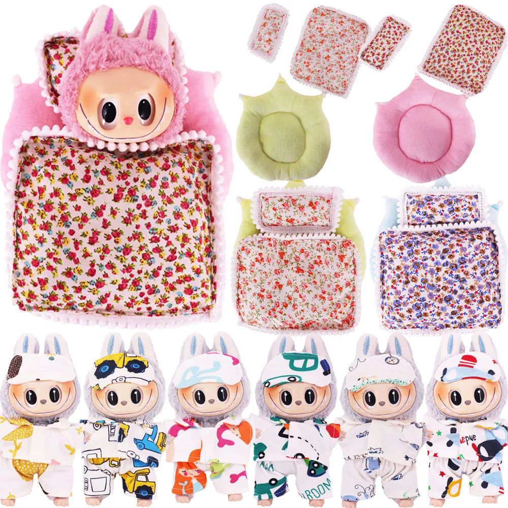 17cm Mini Doll's Accessories Set For Labubu Doll Pop 3Pcs/Set Bed+Quilt+Pillow Pajamas Sleeping Bag Dollhouse Gift,Girl's Toys