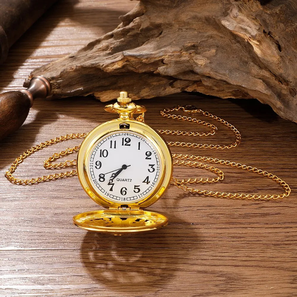 Antique Steampunk Vintage Arabic Numerals Quartz Pocket Watch Gold Case Necklace Pendant Clock Chain Mens Women