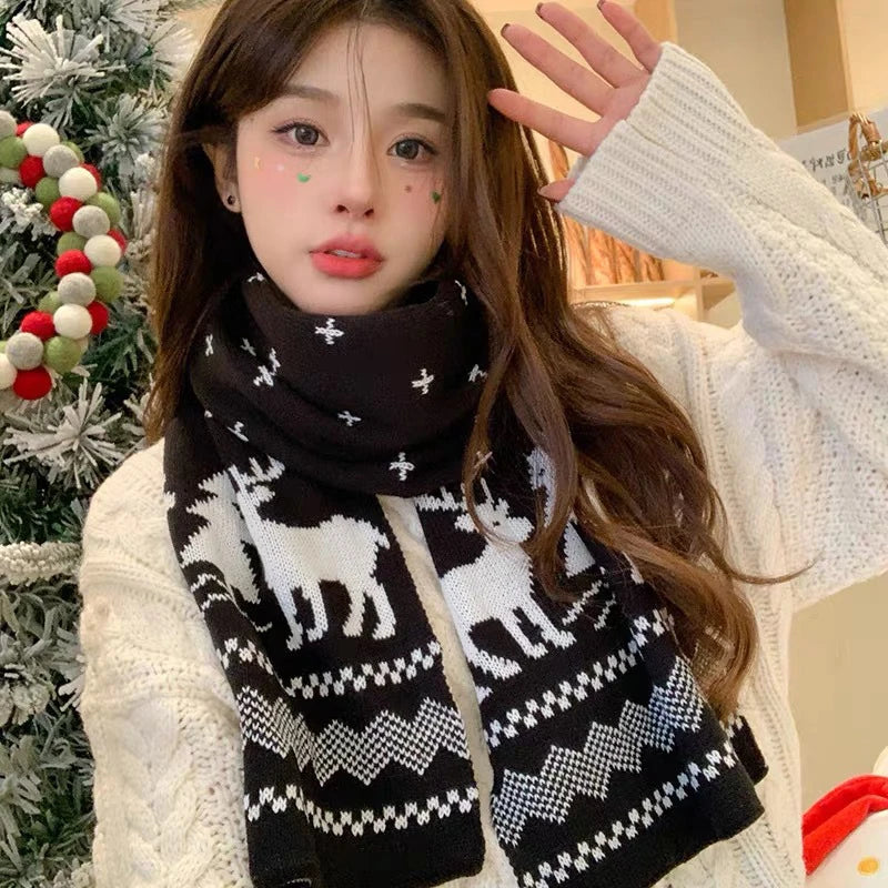 Christmas Scarf for Women Men Cute Deer Elk Knitted Scarves Winter Warm Woolen Shawl Girls Christmas Present