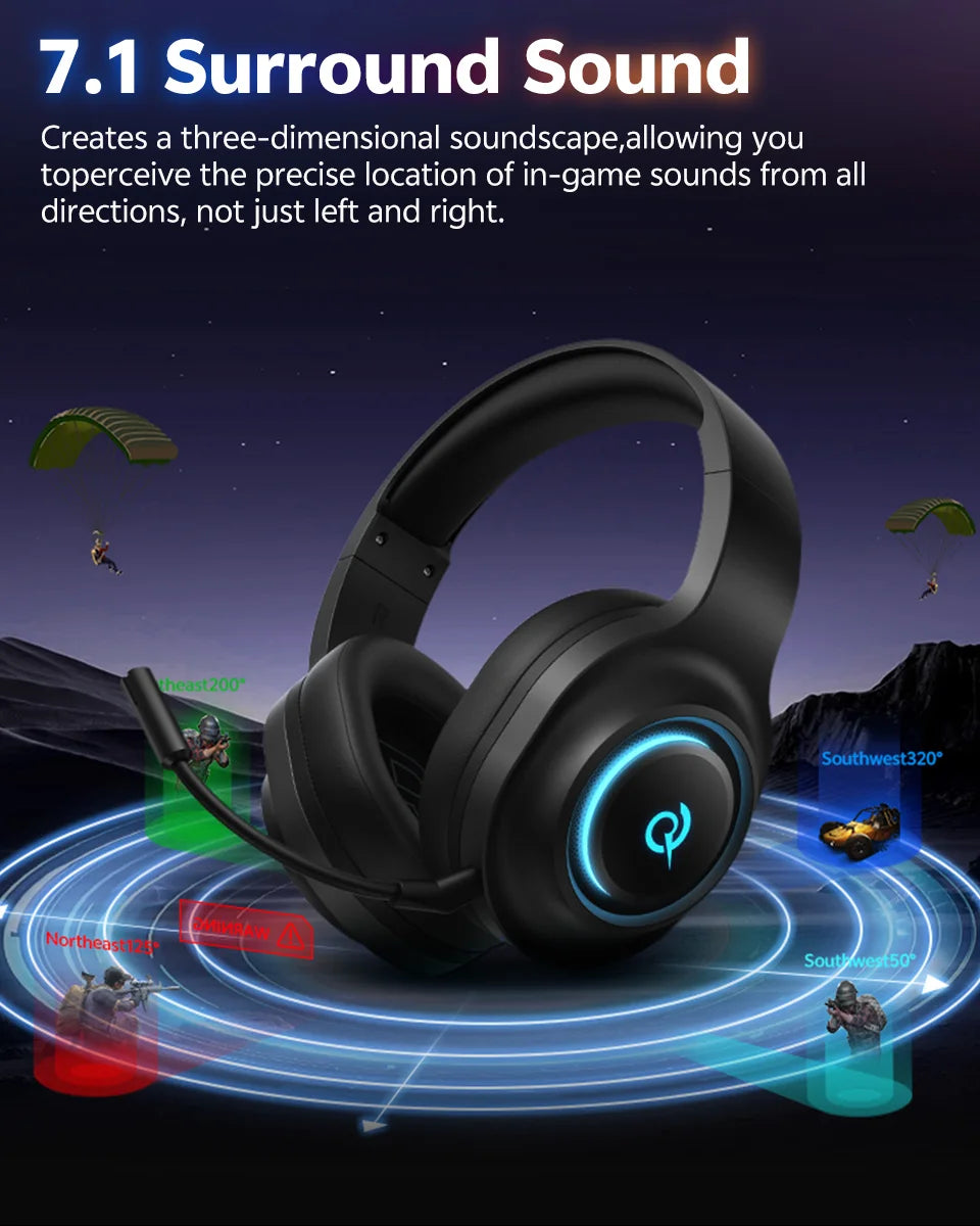 QCY Heroad V200 Gaming Over Ear Headphone Wireless Bluetooth 6.0 with Mic 50mm Driver 7.1 Surround Sound Dynamic EQ RGB Headset